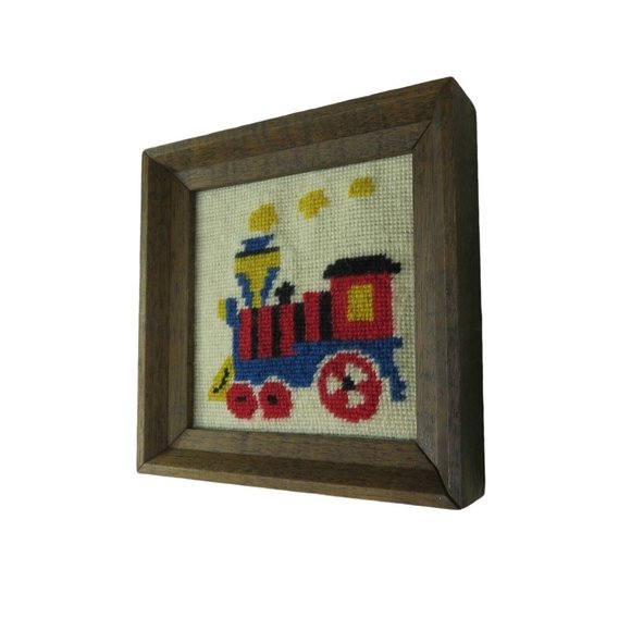 Train Engine Needlepoint Finished Framed Embroidery Triptych Effect Vintage - Picture 5 of 9